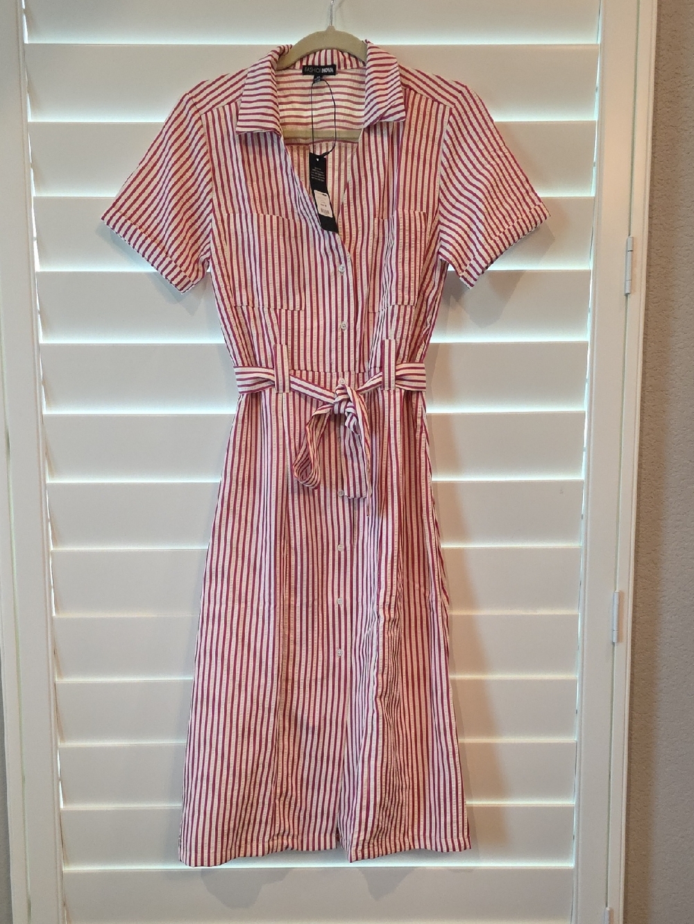 New Red & White Striped Button-Front Midi Shirt Dress